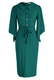 Green Casual Daily Solid Patchwork Buckle Turndown Collar One Step Skirt Dresses