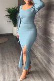 Blue Fashion Casual Solid Slit Square Collar Long Sleeve Dresses
