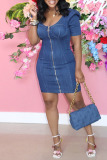 Light Blue Fashion Casual Solid Patchwork O Neck Short Sleeve Regular Denim Dresses