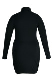 Black Sweet Solid Patchwork Fold Half A Turtleneck Irregular Dress Dresses