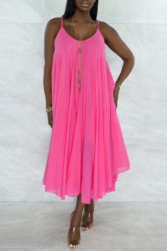 Rose Red Sweet Elegant Solid Patchwork Fold Asymmetrical Spaghetti Strap Sling Dress Dresses
