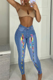 Medium Blue Fashion Casual Solid Bandage High Waist Skinny Denim Jeans