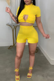 Yellow Fashion Sexy Solid Hollowed Out Backless Half A Turtleneck Short Sleeve Two Pieces