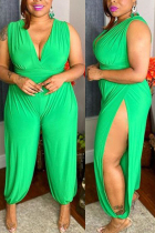 Green Fashion Casual Solid Hollowed Out V Neck Plus Size Jumpsuits
