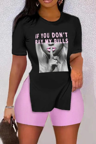 Black Casual Print Patchwork Slit O Neck Short Sleeve Two Pieces