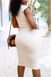 White Fashion Casual Solid Basic V Neck Sleeveless Dress
