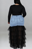 Light Blue Fashion Solid Patchwork Flounce Plus Size(The Stitching On The Skirt Is Yellow)