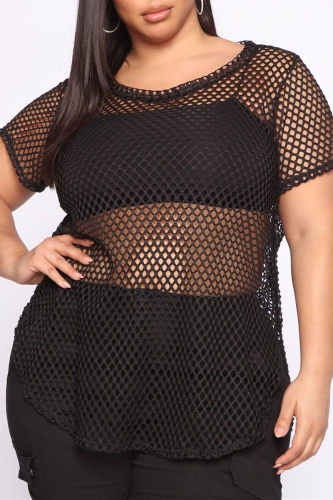 Black Fashion Sexy Solid Hollowed Out See-through O Neck Plus Size Tops