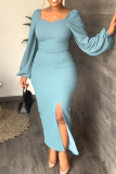 Blue Fashion Casual Solid Slit Square Collar Long Sleeve Dresses