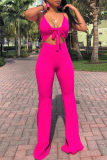 Rose Red Sexy Casual Solid Bandage Hollowed Out Backless Spaghetti Strap Boot Cut Jumpsuits