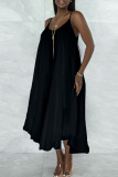 Black Sweet Elegant Solid Patchwork Fold Asymmetrical Spaghetti Strap Sling Dress Dresses