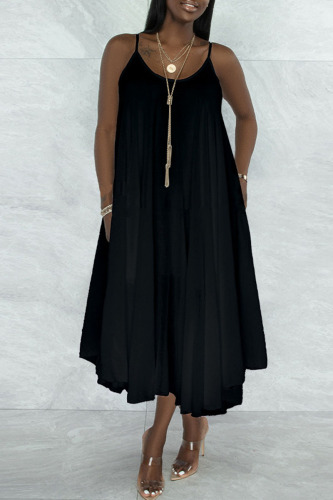 Black Sweet Elegant Solid Patchwork Fold Asymmetrical Spaghetti Strap Sling Dress Dresses