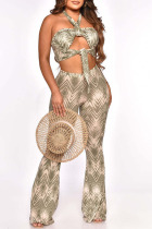 Green Sexy Print Bandage Hollowed Out Halter Sleeveless Two Pieces
