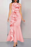 Pink Fashion Sexy Solid Patchwork Backless Spaghetti Strap Evening Dress