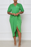 Green Fashion Casual Solid Patchwork V Neck Short Sleeve Dress