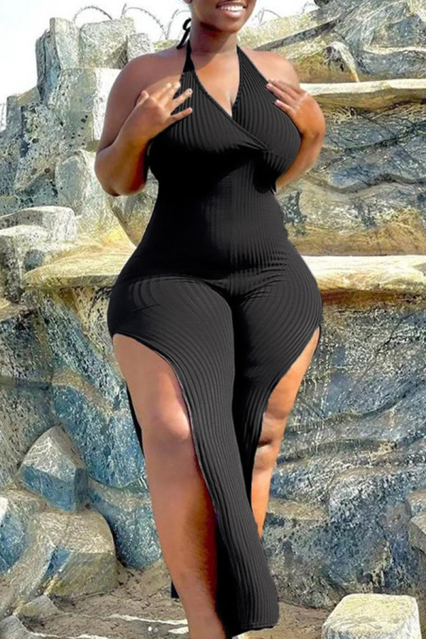 Black Sexy Casual Solid Bandage Backless Slit Halter Plus Size Jumpsuits