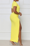 Yellow Fashion Casual Solid Draw String Frenulum Slit O Neck Short Sleeve Dress Dresses
