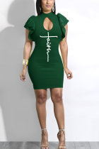 White Green Fashion Sexy Print Ripped O Neck Wrapped Skirt Dresses