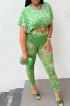 Green Sexy Print Split Joint See-through O Neck Short Sleeve Two Pieces