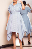 Light Blue Casual Striped Print Patchwork Asymmetrical Turndown Collar Irregular Dress Dresses