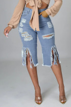 Baby Blue Sexy Street Solid Tassel Ripped Make Old Patchwork High Waist Straight Denim Shorts