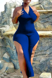 Blue Sexy Casual Solid Bandage Backless Slit Halter Plus Size Jumpsuits