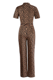 Brown Fashion Casual Geometric Frenulum Zipper V Neck Skinny Jumpsuits