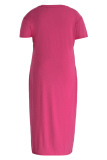 Pink Fashion Casual Plus Size Solid Pocket V Neck Short Sleeve Dress