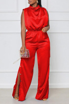 Red Casual Elegant Solid Split Joint Slit Straight Jumpsuits