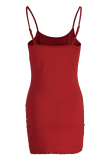 Red Fashion Sexy Lips Printed Backless Spaghetti Strap Sleeveless Dress