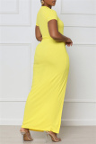 Yellow Fashion Casual Solid Draw String Frenulum Slit O Neck Short Sleeve Dress Dresses