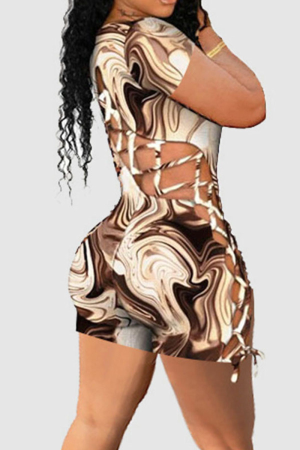 Light Brown Sexy Print Hollowed Out Patchwork Backless O Neck Regular Rompers