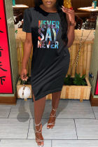 Black Fashion Casual Letter Print Slit O Neck Short Sleeve Dress