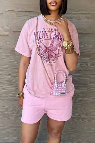 Pink Casual Print Patchwork O Neck Short Sleeve Two Pieces
