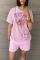 Pink Casual Print Split Joint O Neck Short Sleeve Two Pieces