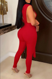 Red Fashion Sexy Solid Bandage Backless V Neck Skinny Jumpsuits