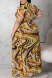 Yellow Sexy Print Patchwork See-through Asymmetrical Mandarin Collar Straight Plus Size Dresses