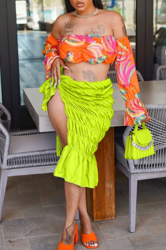 Fluorescent Yellow Sexy Street Solid Patchwork Fold Mid Waist Straight Solid Color Bottoms