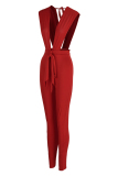 Red Fashion Sexy Solid Bandage Backless V Neck Skinny Jumpsuits