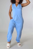 Blue Casual Solid Patchwork V Neck Straight Jumpsuits