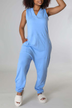 Blue Casual Solid Split Joint V Neck Straight Jumpsuits