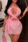 Pink Sexy Patchwork Solid Bandage Hollowed Out Backless Hot Drill Halter Sleeveless Dress