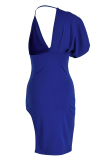 Blue Fashion Sexy Solid Backless V Neck Irregular Dress Dresses