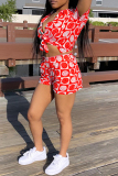 Red Fashion Casual Print Basic Turndown Collar Short Sleeve Two Pieces