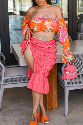 Fluorescent Pink Sexy Street Solid Patchwork Fold Mid Waist Straight Solid Color Bottoms