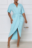 Blue Fashion Casual Solid Patchwork V Neck Short Sleeve Dress