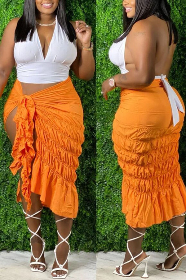 Orange Yellow Sexy Solid Bandage Split Joint Backless Slit Fold V Neck Plus Size Two Pieces