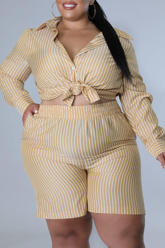 Khaki Casual Striped Print Patchwork Buckle Turndown Collar Plus Size Two Pieces