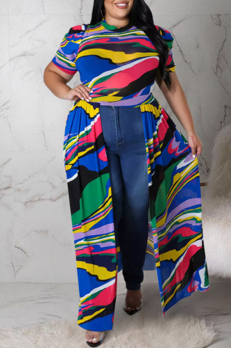 Red Blue Sexy Print Patchwork See-through Asymmetrical Mandarin Collar Straight Plus Size Dresses