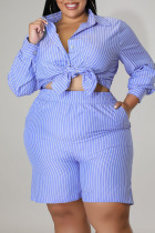 Blue Casual Striped Print Patchwork Buckle Turndown Collar Plus Size Two Pieces